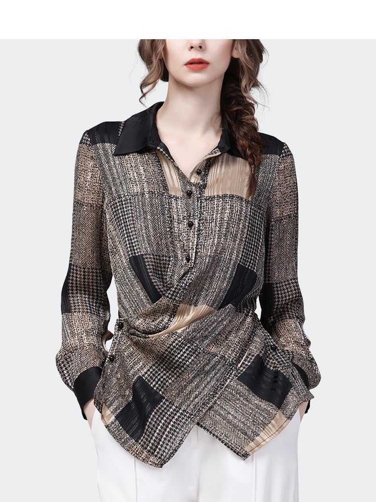 Camisa a Cuadros Informal de Manga Larga con Cuello Vuelto para Mujer, Tops de Gasa con diseño Cruzado Ajustado para Primavera y Verano (Manga Corta XS)