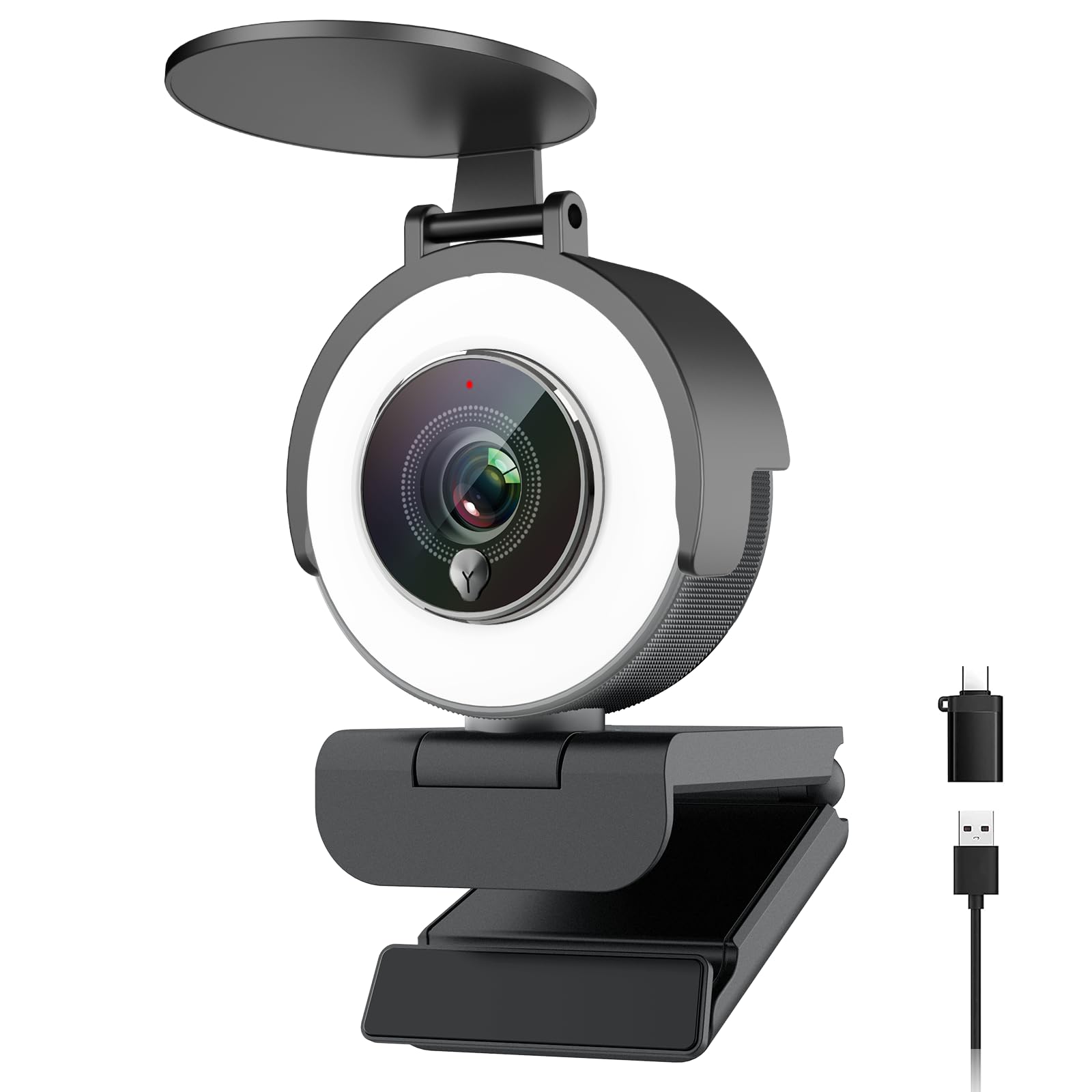 Angetube Webcam 4K con Luce per PC: Luminosità a 3 Livelli, Messa a Fuoco PDAF, Doppio Microfono Noise Cancelling, Copertura Privacy, Streaming 1080P/60FPS, USB-A/C per Laptop/Mac/Teams