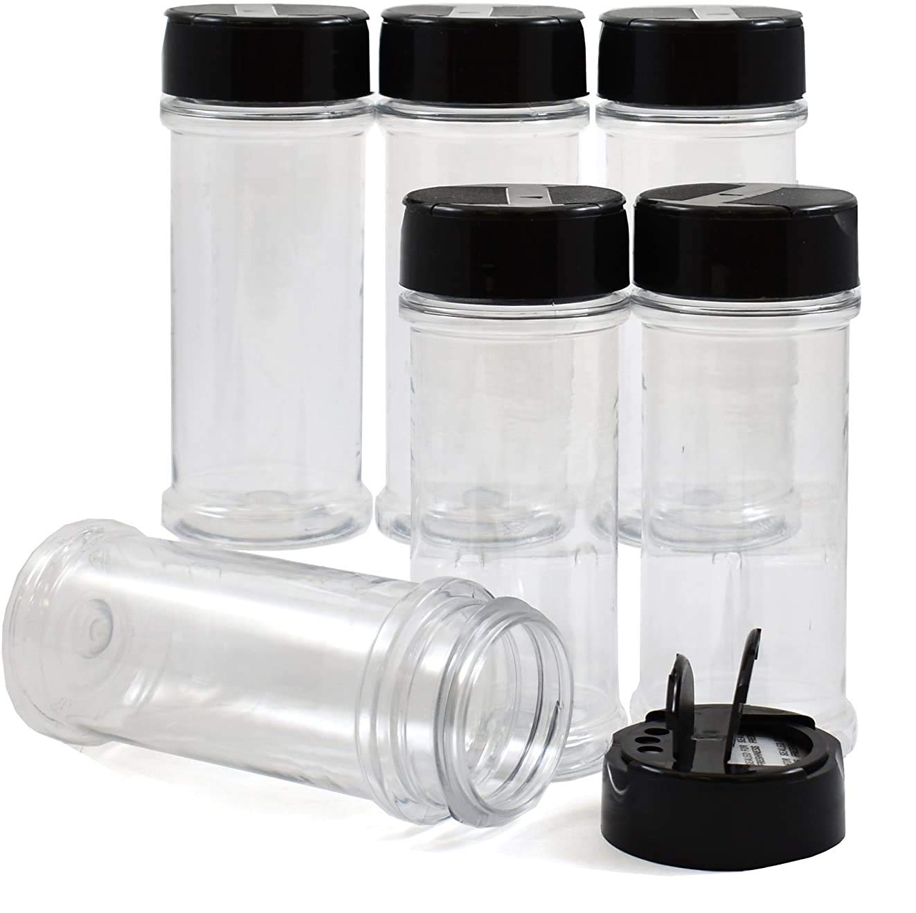 RoyalHouse 6 Pack 5.5 Oz Plastic Spice Jars with Black Cap, Clear and Safe Plastic Bottle Containers with Shaker Lids for Storing Spice, Herbs and Seasoning Powders, BPA Free, Made in USA