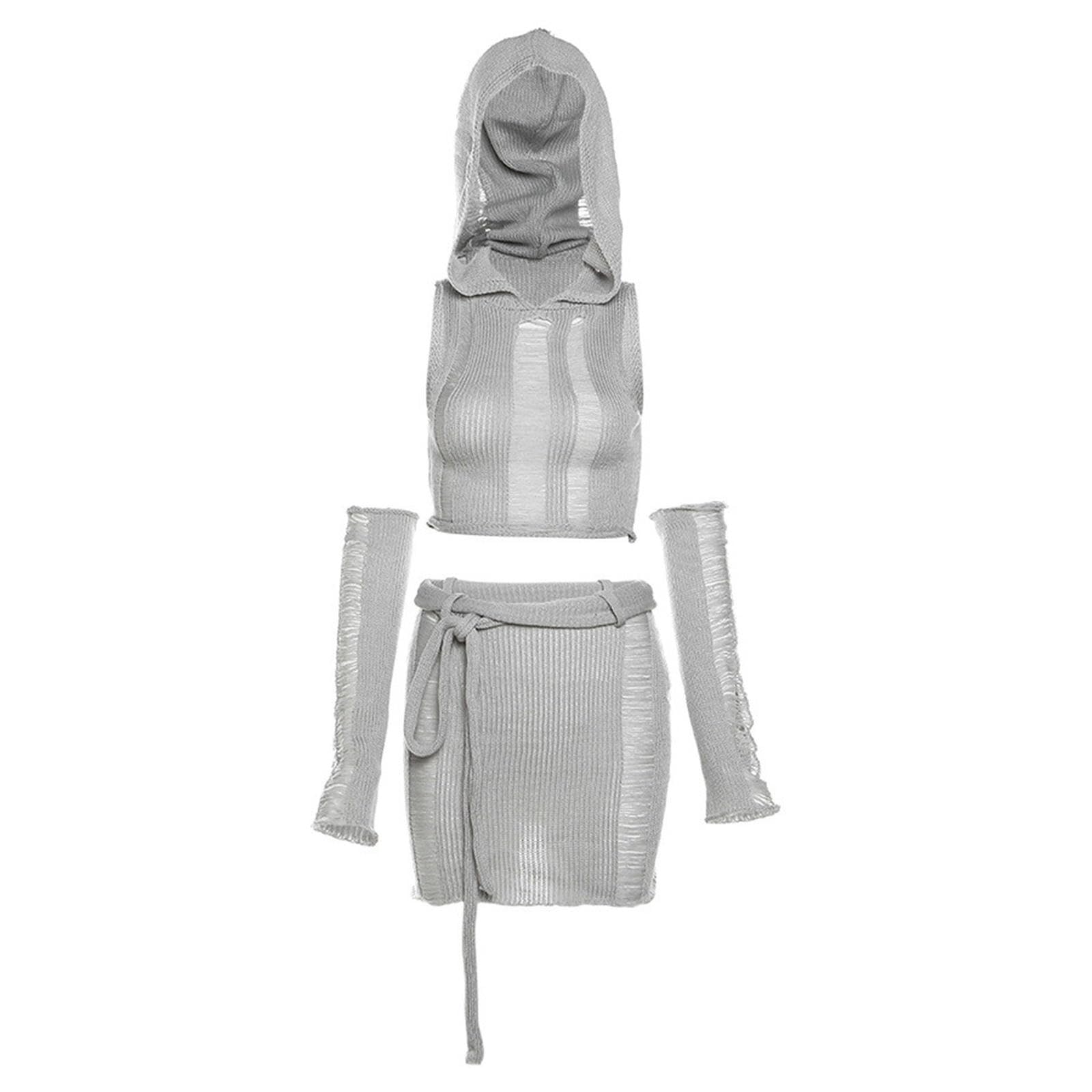 Jupe gilet tricoté sans manches à capuche gris costume en maille tendance automne taille M