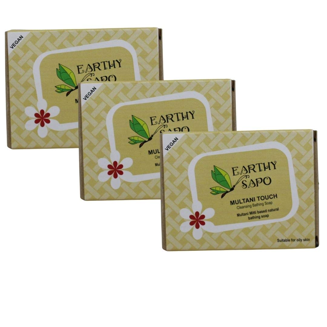 Earthy Sapo Handmade Multani Touch Cleansing Bathing Soap (multani mitti), 100g, Pack of 3