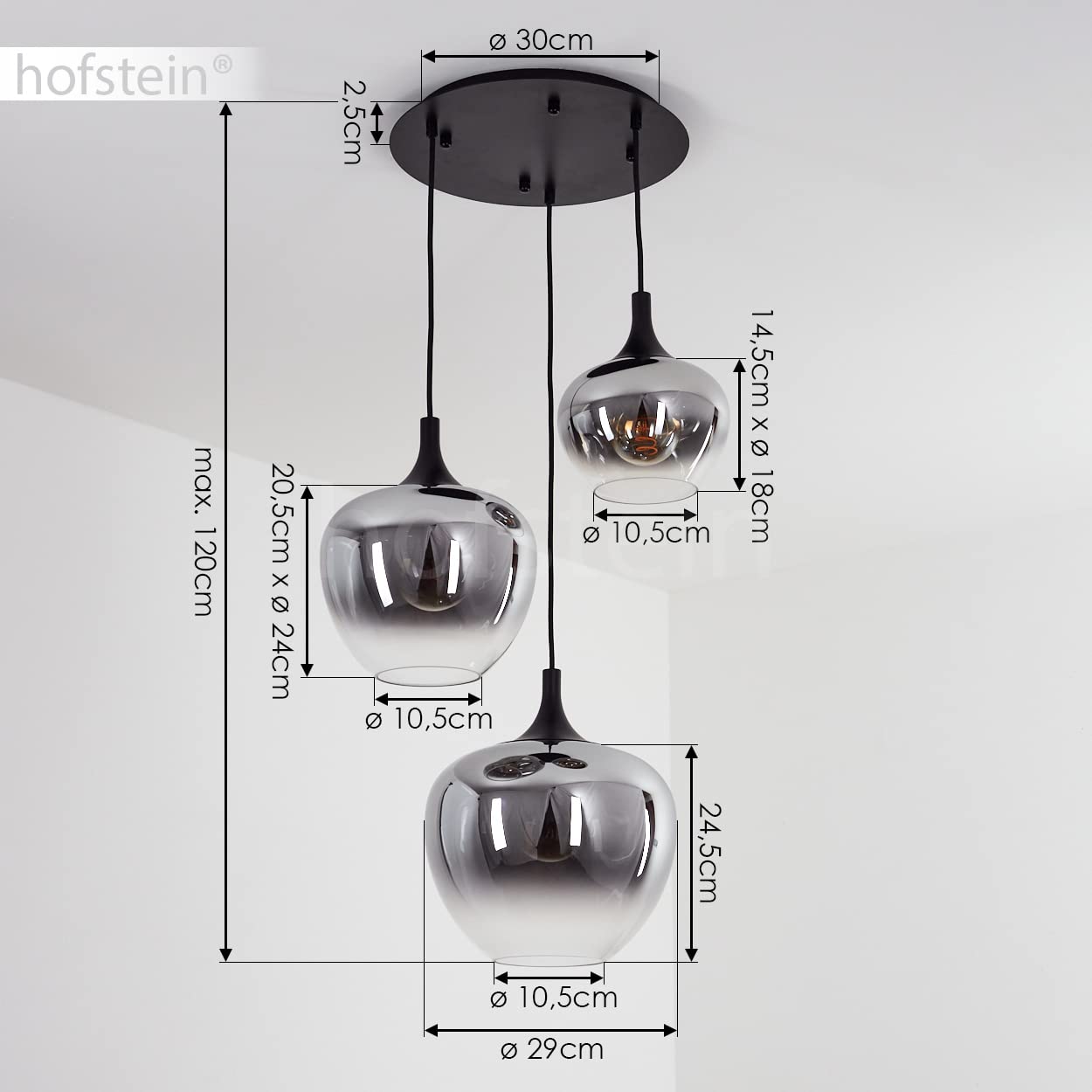 HOFSTEIN Hängeleuchte Azurara, Hängelampe aus Metall/Glas in Schwarz/Rauchfarben/Klar, Leuchte im Modernen Design, 3-flammig, Höhe max. 120 cm, 3 x E27, ohne Leuchtmittel