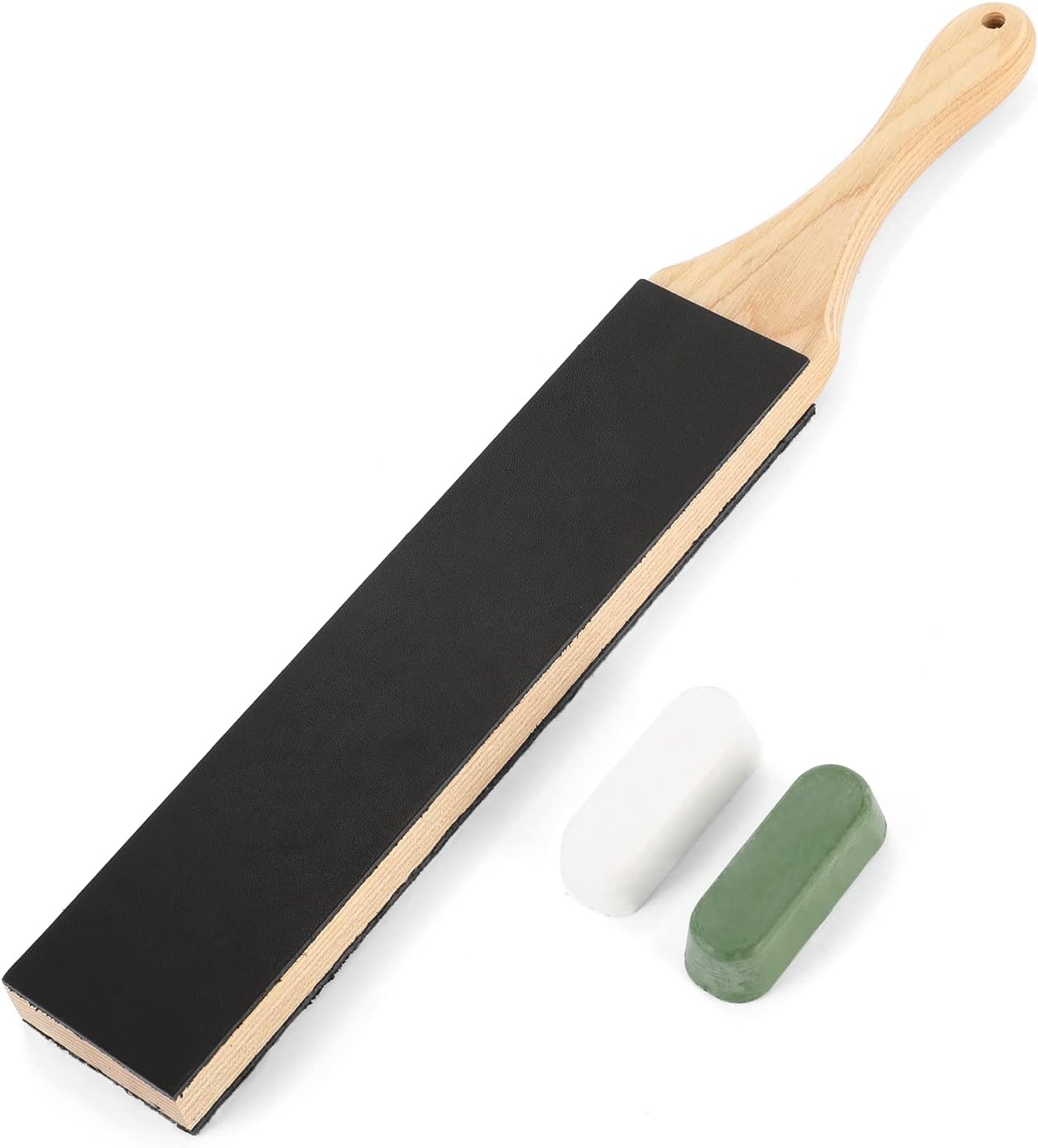 AMZSHARK Double-sided Paddle Strop Block with Polishing Compound Leather Strop Kit for Honing & Sharpening Knives and Woodworking Tools Wooden Handle Leather Polish Sharpening Strop (14x2 IN Medium)