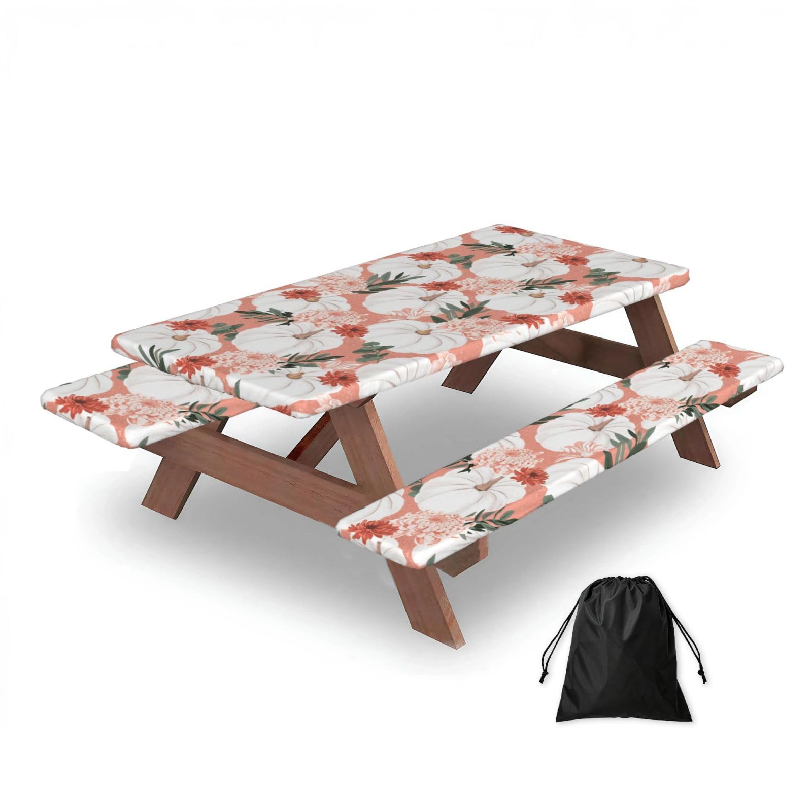 Dopklna As Picture Pumpkin Thanksgiving Pink Dahlia Flower Autumn, Picnic Table Cover With Bench Covers -Waterproof Elastic Fitted Tablecloth For Garden Camping Patio 76X152cm