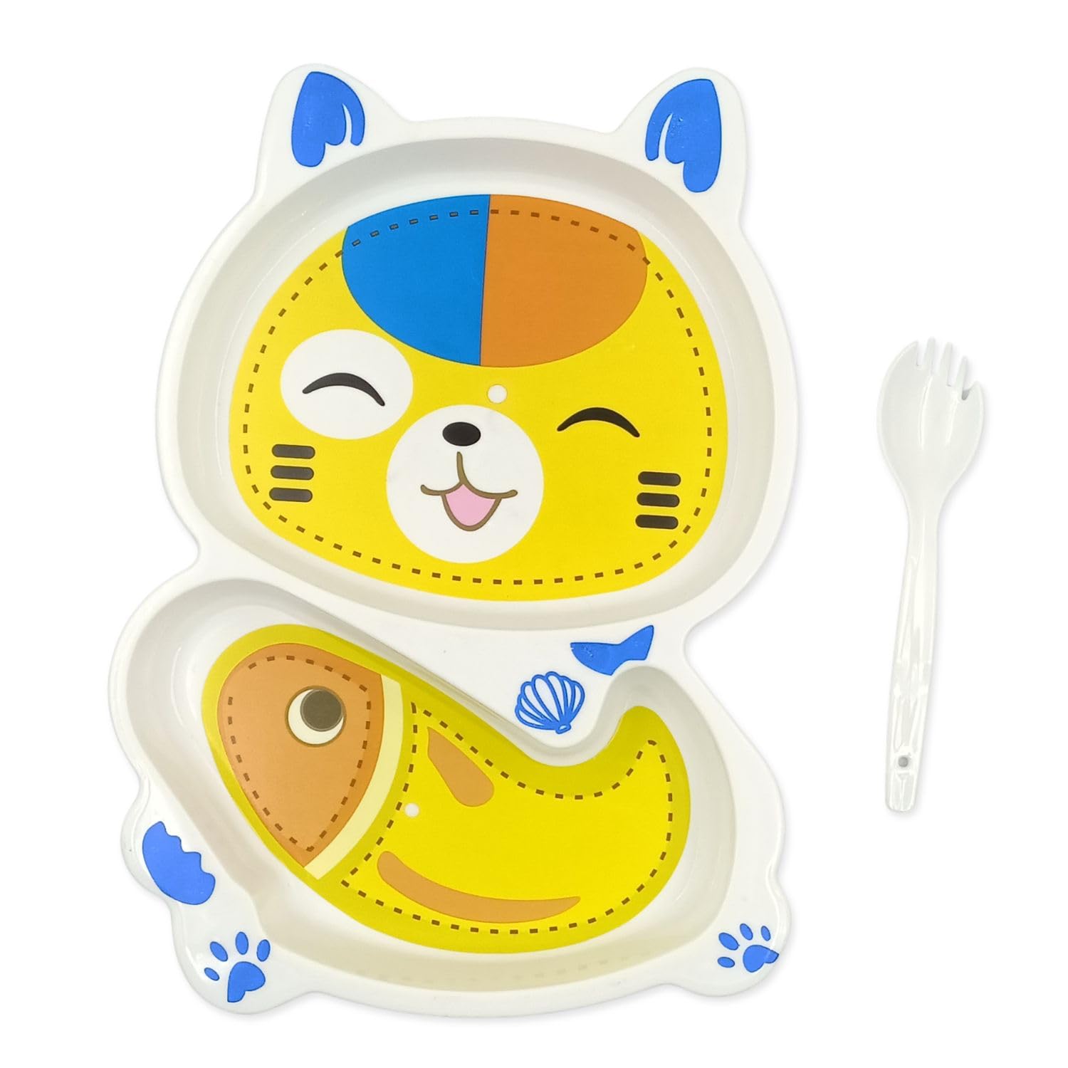 Kitty Plate for Kids with White Plastic Fork | BPA Free Food Grade Plastic Divided Feeding Plate | Lightweight Meal Tray for Toddlers & Children (Yellow)-image-41