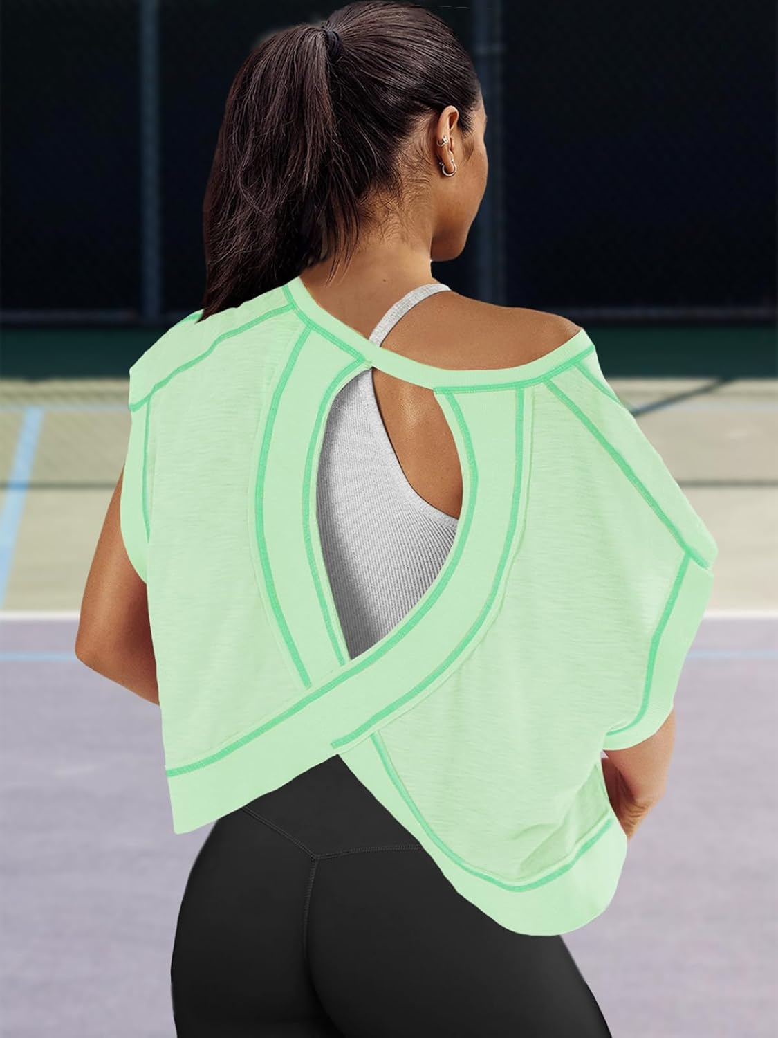 Panadila Womens Open Back Workout Top Oversized Workout T Shirts Backless Athletic Shirt Short Sleeve Baby Tee - Image 3