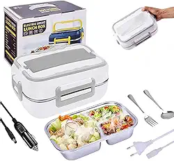 Marmita Elétrica Portátil Veicular de Aço Inoxidável Para Carro Uber Casa Lancheira Térmica 12V, 110V e 220 V (Bivolt) C/ 3 Divisórias Inox (Branco) da Marca Midas®