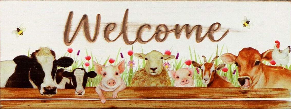 BCTS Welcome Hanging Sign Farm Animals Plaque Ornament Sheep Cow Pig Goat Chicken Poster Metal Sign Poster Sign 8x12 inch