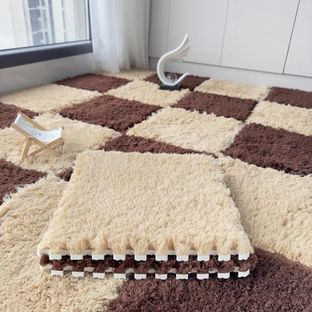 10 Pack Carpet Squares Puzzle Mat 30x30x1cm Plush Interlocking Carpet Tiles,Soft Fluffy Floor Protective Mat Shaggy Area Rug for Bedroom (Coffee Khaki)