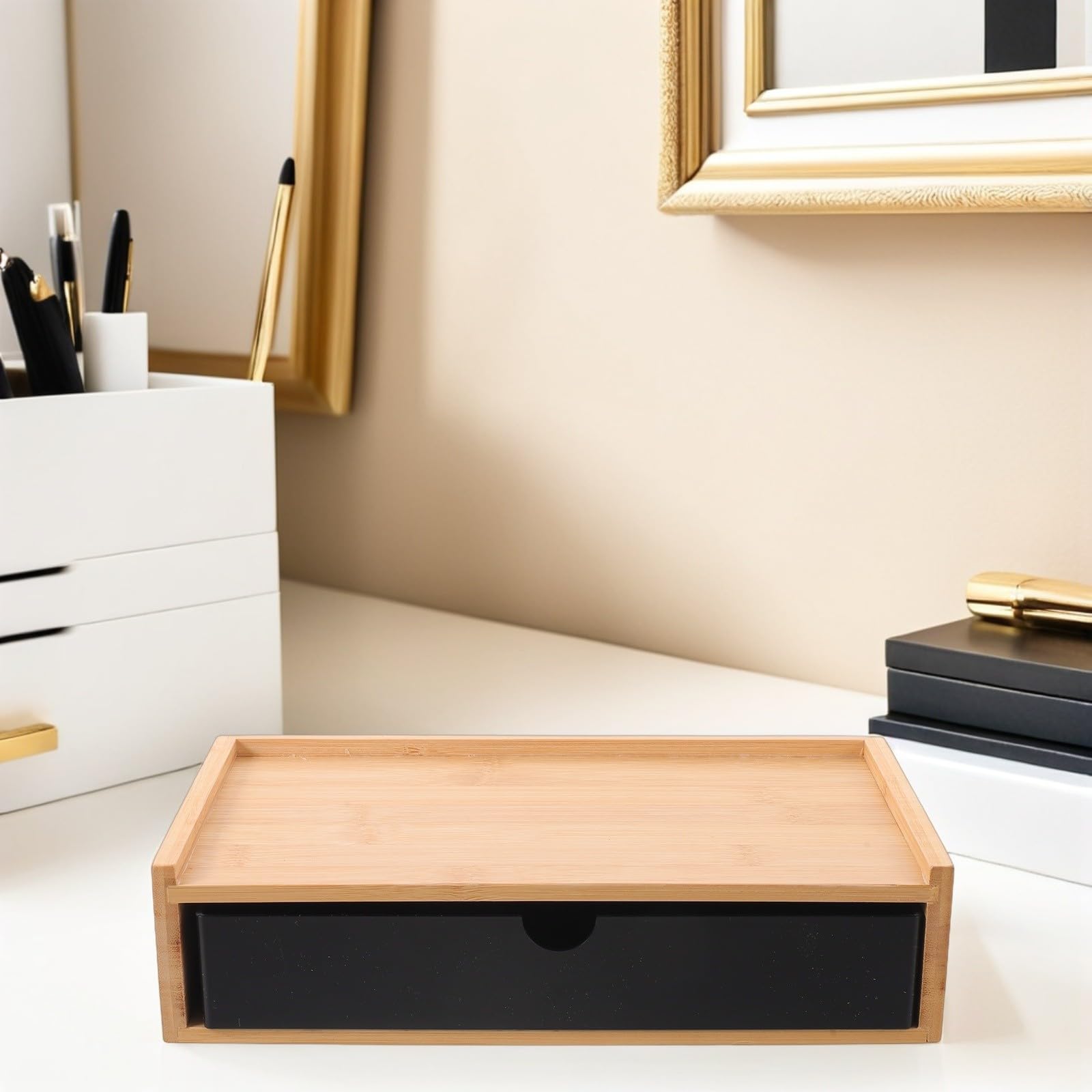 SHINEOFI Organizador de Escritorio Compacto, con Cajones de Madera Negra