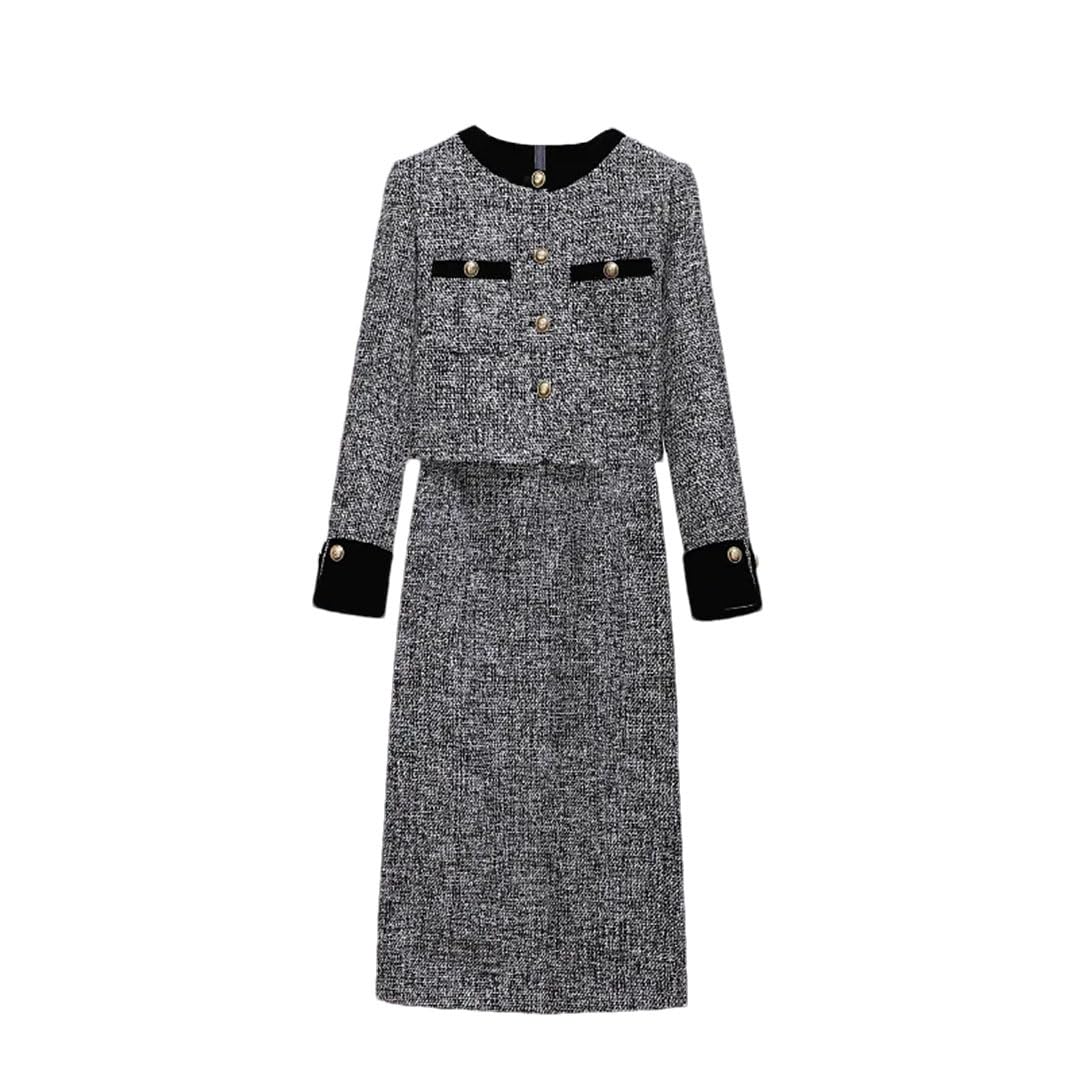 WomenS Tweed Two-Piece Set Vintage Chic Single Breasted Cropped Blazer Jacket Long Skirt Suit Small Fragrant Outfits