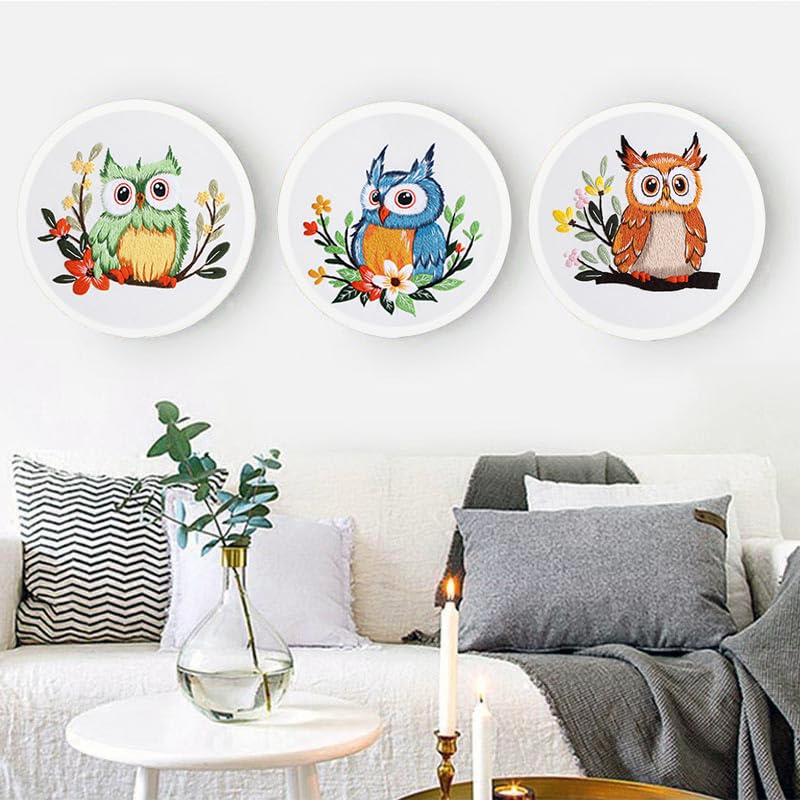 Image of Konrisa Owl Embroidery Kit for Beginners Adult, Embroidery Starter Kit with Cloth Hoops Threads DIY Sewing for Craft Lover Hand Stitch Needlepoint Kits
