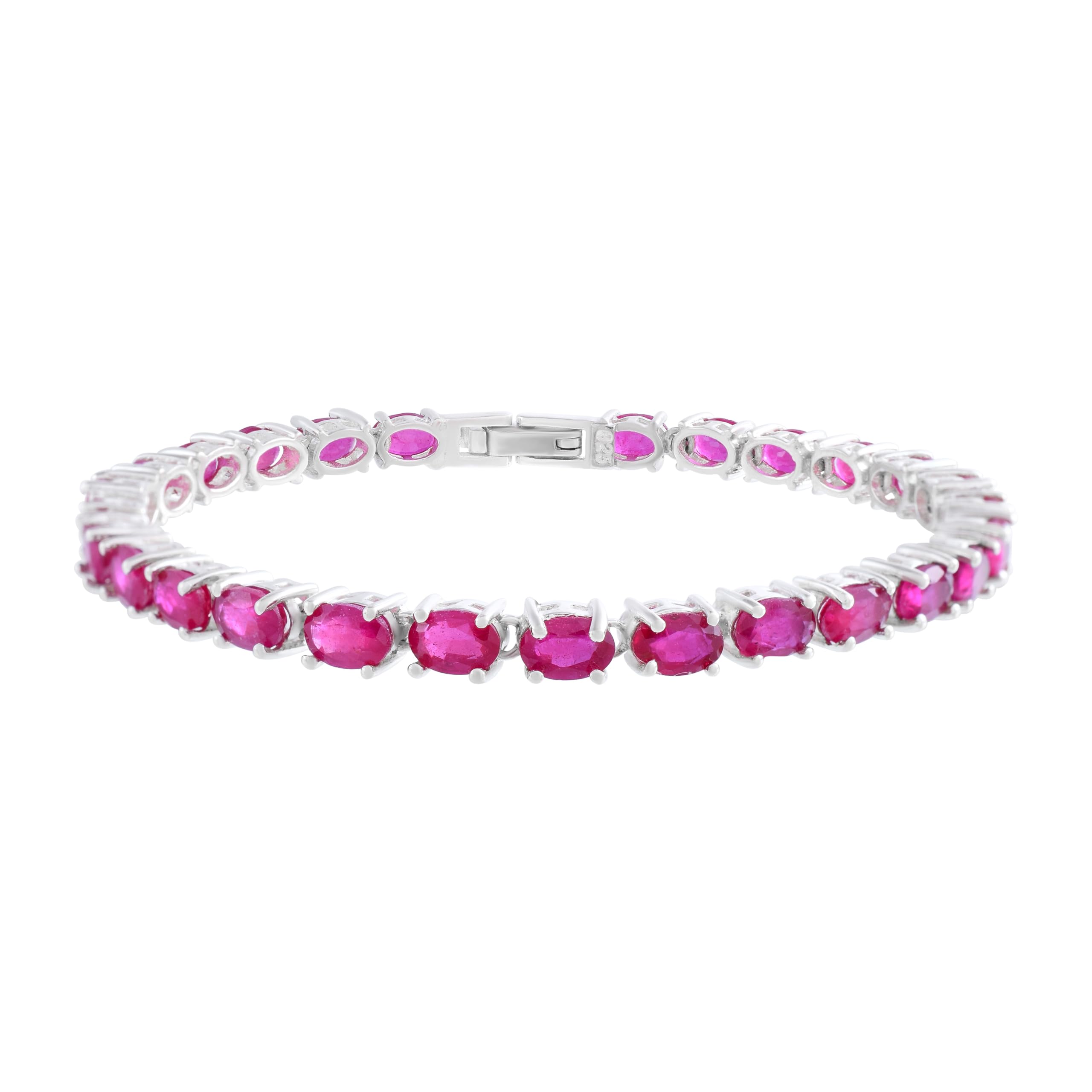 Pulsera de tenis de rubí, piedra natal de julio, 6 x 4 mm, piedras preciosas rojas facetadas ovaladas en blanco chapado en rodio blanco, pulsera clásica con cierre de caja para