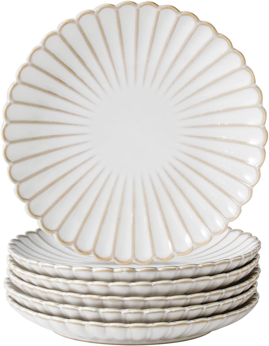 6-Piece Ceramic Dinner Plates set,10.75 inch French Vintage Embossed Petal Petten, Serving Plates for Kitchen, Salad, Pasta, Steak, Microwave & Dishwasher Safe,Housewarming Gift (Petal)