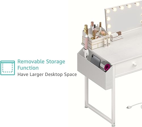 Miniatura 9 de Escritorio de maquillaje blanco sin espejo con silla, juego de mesa de tocador pequeño con cajones de tela, toma de corriente y silla sin espejo,