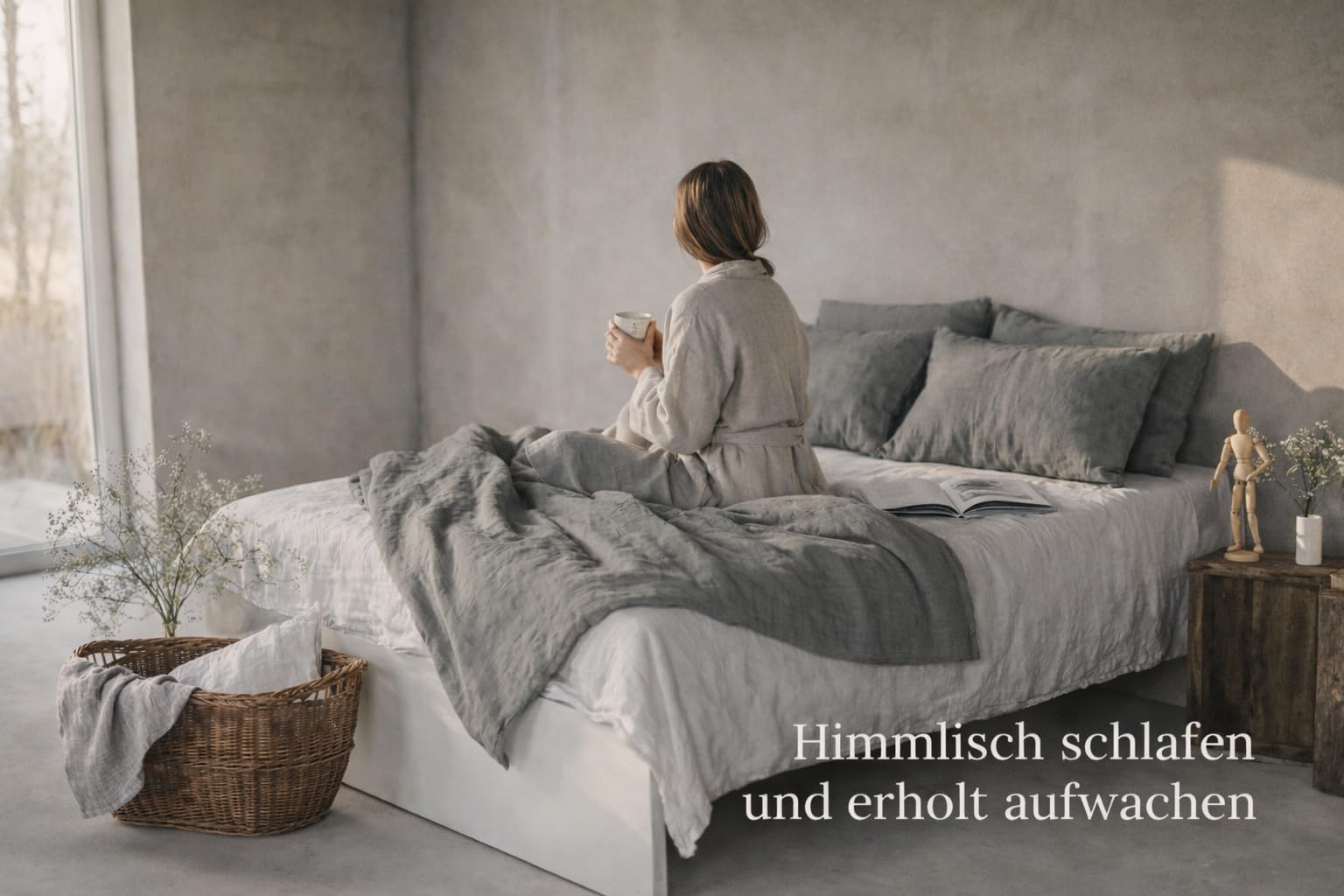 Zestaw pościeli lnianej, 100% naturalny len, z włókien naturalnych, z zamknięciem hotelowym (szary, 200 x 200 cm, 2 szt. 80 x 80 cm)
