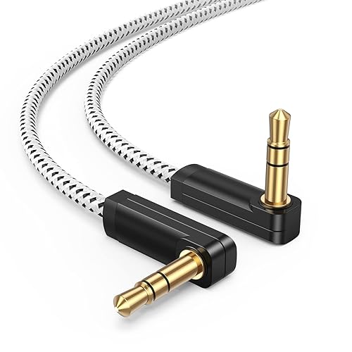 CableCreation Cable de audio de 0.138 in (1.5 pies/1.5 ft), cable auxiliar de 90 grados macho a macho para teléfonos, tabletas, auriculares,