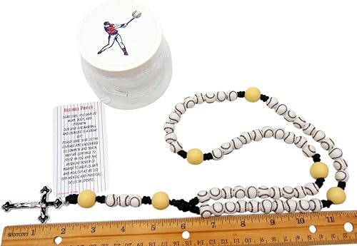 Miniatura 7 de Westmon Works Rosario de béisbol edición de lujo con crucifijo de metal resistente a enredos cuerda de conexión bolas y tarjeta santa en un tarro