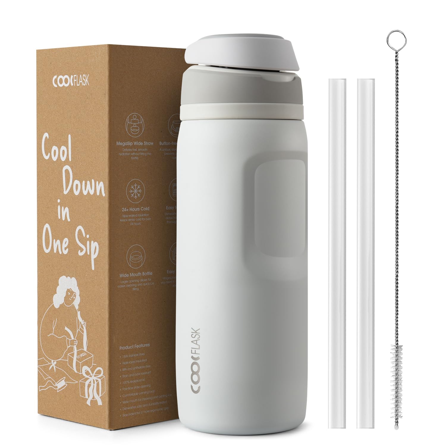 Coolflask MegaSip Water Bottle 710ml with Straw, Stainless Steel Insulated Water Bottles Leak-Proof, 24+ Hours Cold, BPA-Free Dishwasher Safe, Water Flask for Sports Gym Work Office, Glacier White