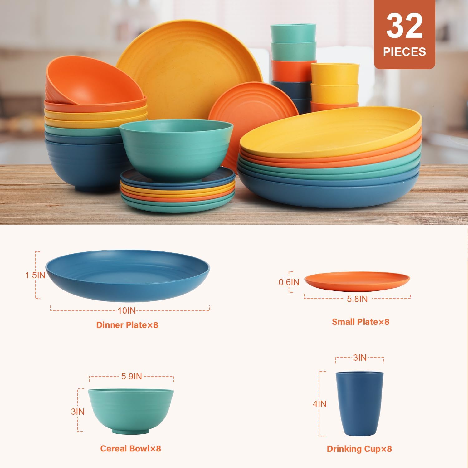 Wheat Straw Dinnerware Sets for 8, Unbreakable Plates and Bowls Sets for 8, 32-Piece Dishes Set, Microwave Safe Plastic Plates Reusable, Cups and Bowls Sets for Kitchen, Outdoor - Multi - Image 2