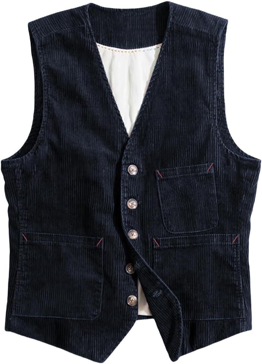 SevenBoy Men's Vintage Corduroy Suit Vest Casual V-Neck Dress Waistcoat