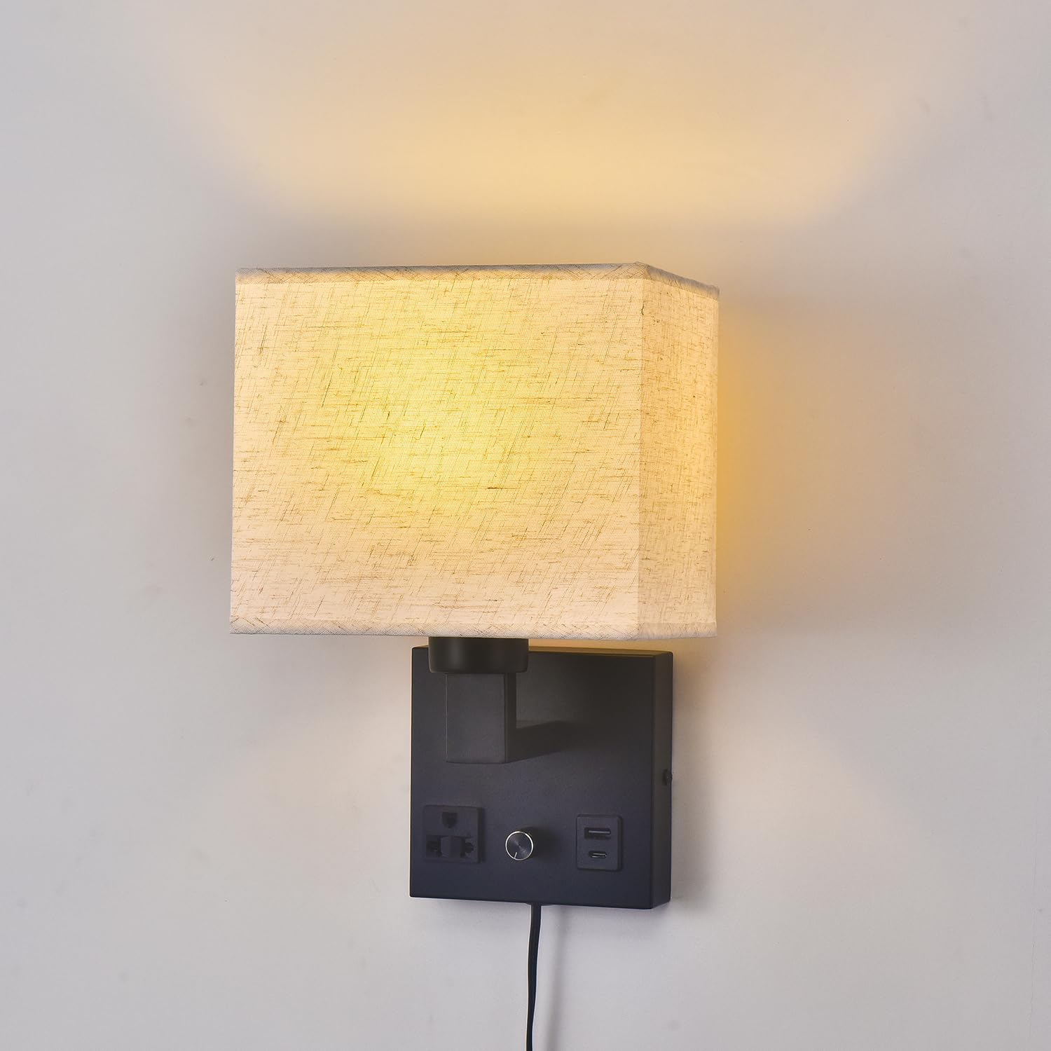 Lampa ścienowa do sypialni, lampa ścienowa do podłączenia - Przełącznik z regulacją jasności z gniazdem sieciowym i portem USB - Abażur z tkaniny - Czarna lampa ścienowa do salonu
