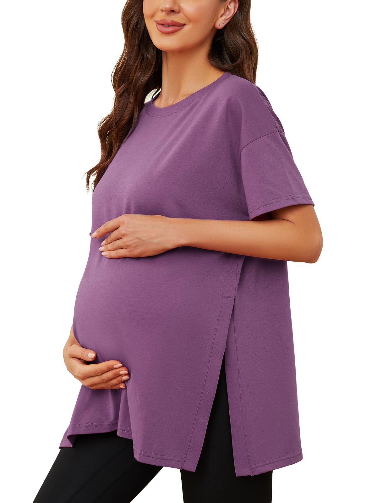 EcavusEcavus Women's Casual Maternity Shirts Split Side Pregnancy Tops Blouses Short Sleeve Loose Fit Maternity Clothes