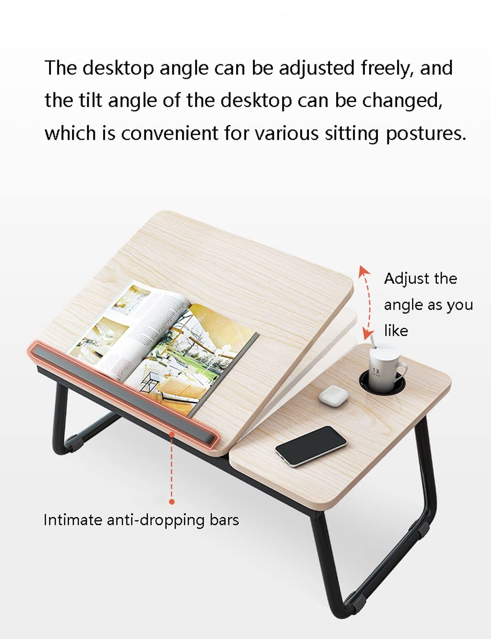 Tablette de lit multifonctionnelle réglable en Hauteur pour Ordinateur Portable, avec Porte-gobelet et Pieds Pliables, idéale pour écrire et Travailler (Noir, 27 Pouces).