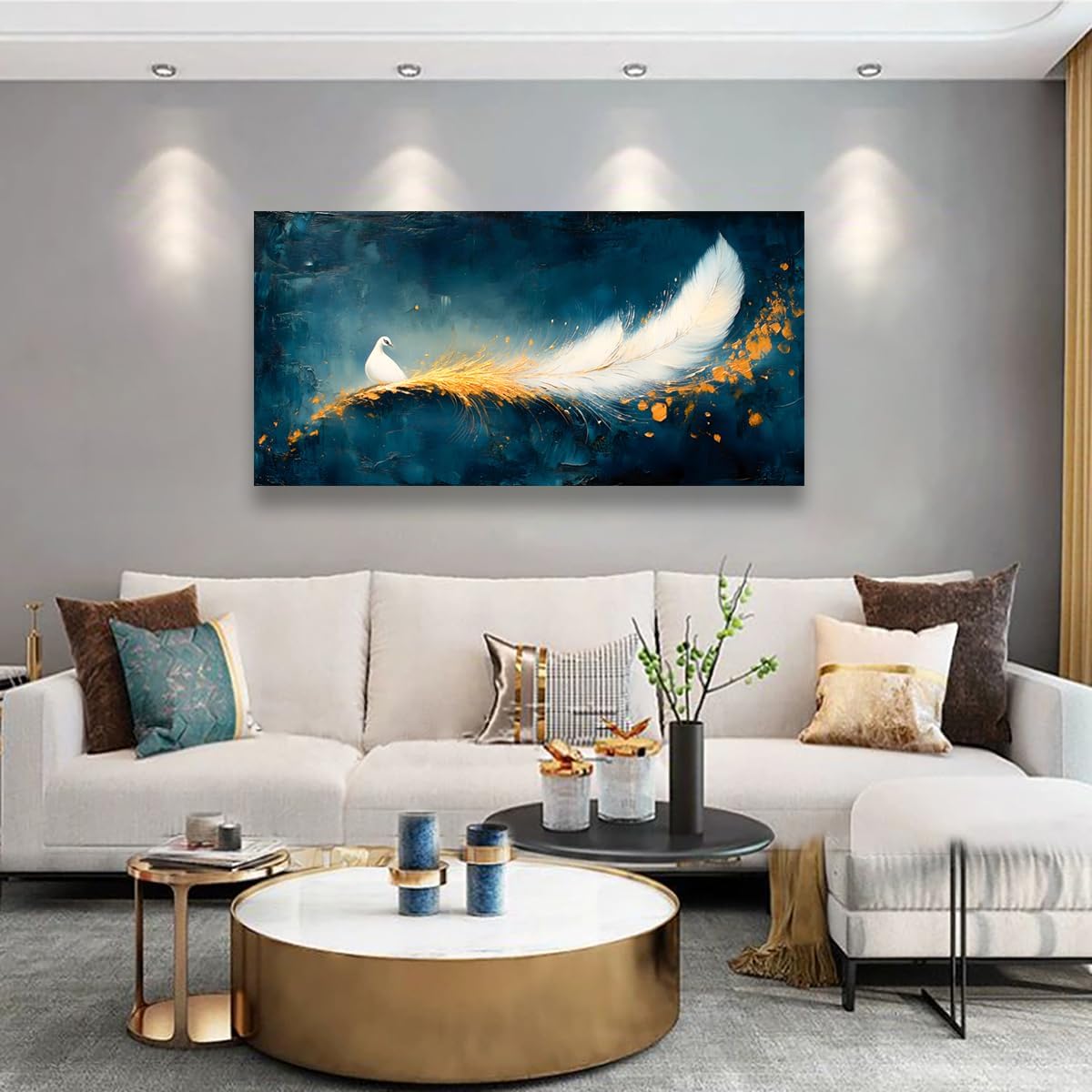 Abstraction Pictures Canvas Wall Art for Living room Office Bedroom Wall Decor, Peacock Wall Art Print Paintings Modern White Feather Zoon Artwork Waterproof Ready to Hang-20x40inch