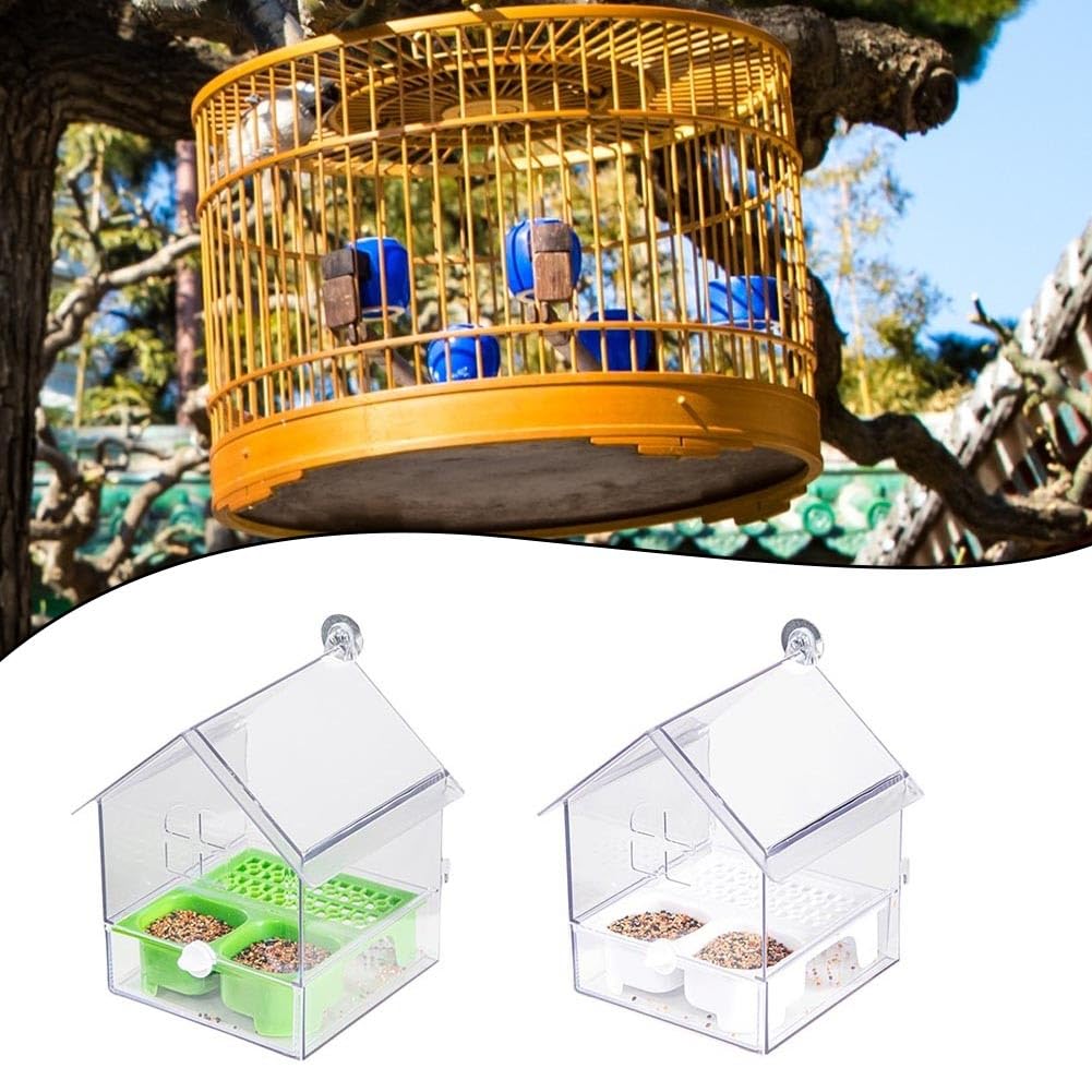 EasyByMall Mangeoire transparente pour perroquet et baignoire pour oiseaux, mangeoire extérieure à suspendre, design anti-déversement, matériau ABS, vert ou blanc