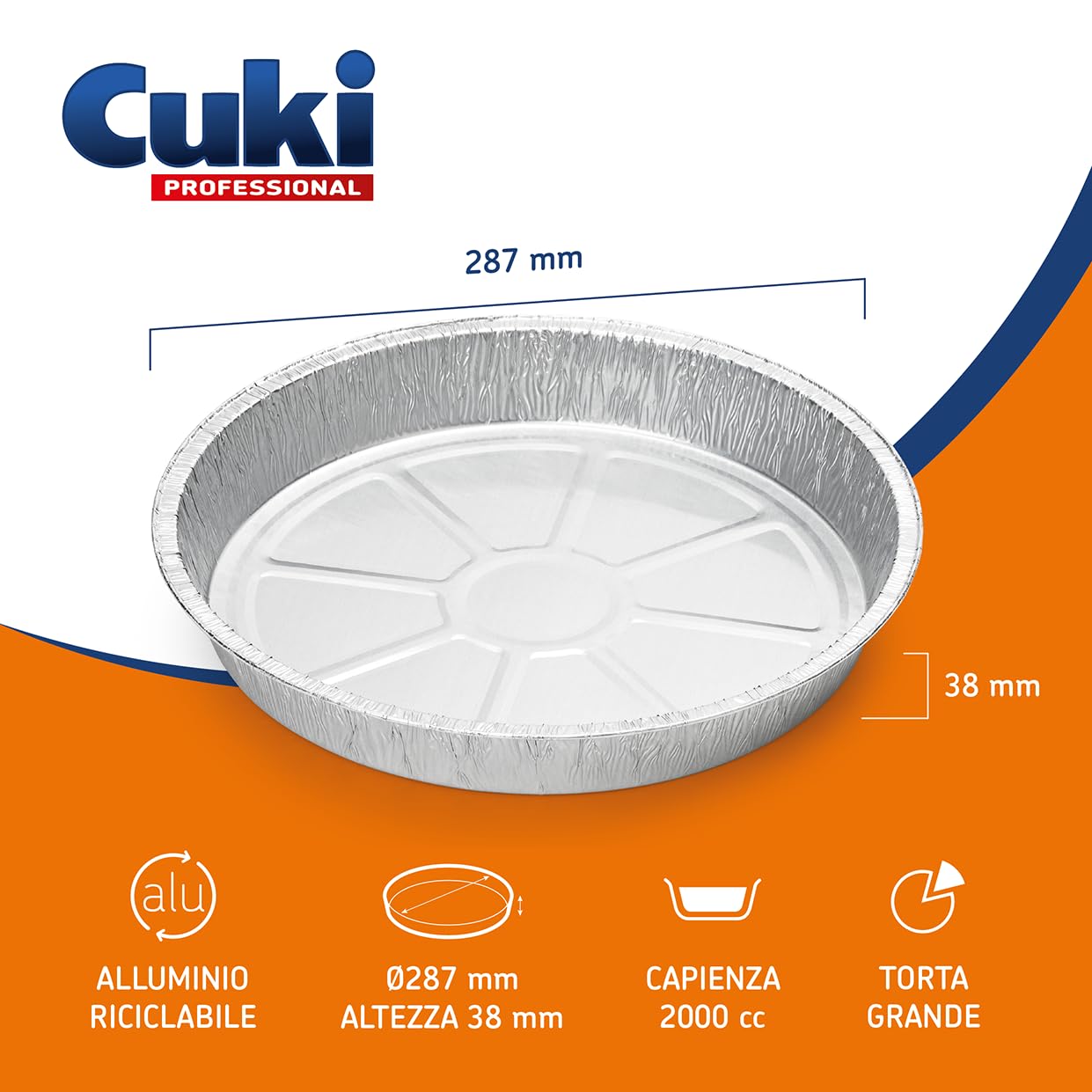 Cuki Professional - Bandejas redondas de aluminio para tartas y pizzas, 29 x 4 cm, 1 paquete de 50 unidades, bandejas desechables para horno, microondas, cocción, conservación