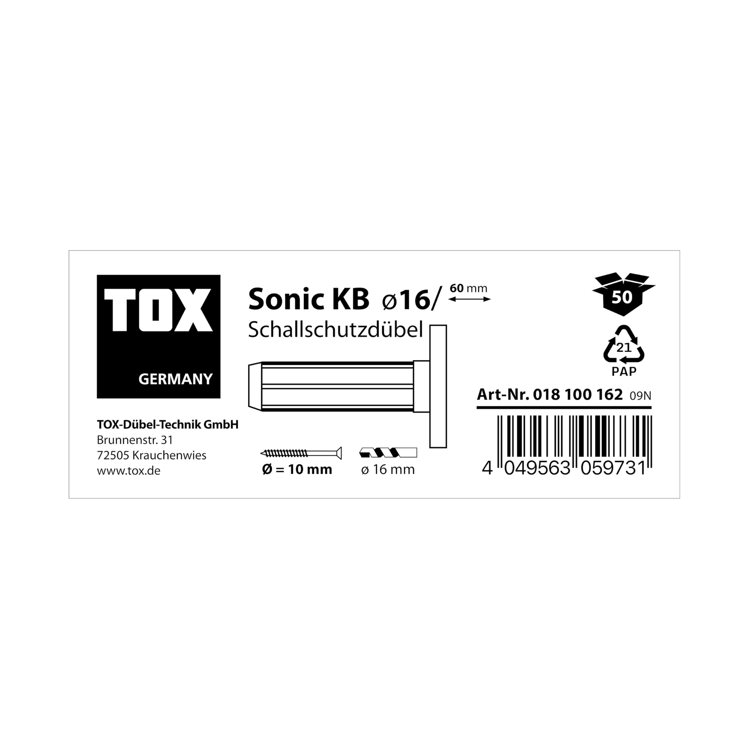 TOX tacos insonorizantes con collar Sonic KB 16/60, tacos insonorizantes con revestimiento de goma, para subestructuras y construcciones insonorizantes, 50 unidades por caja, 018100162