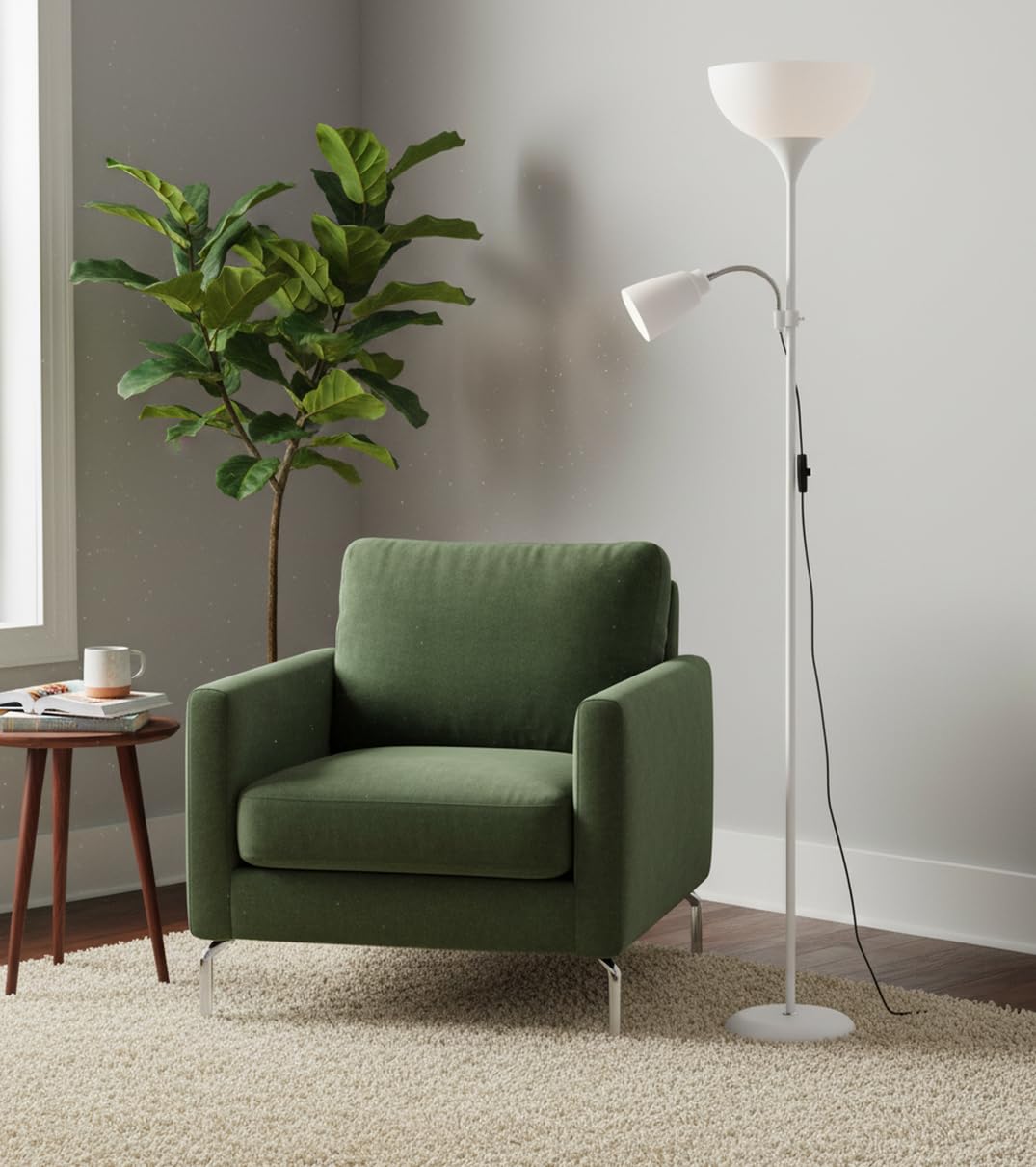 BEL AIR HOME | Lámpara de pie VARESE | 178CM, blanco, aluminio | Brazo lector orientable, doble portalámparas E27 y E14, interruptor deslizante | Iluminación salón moderna y funcional