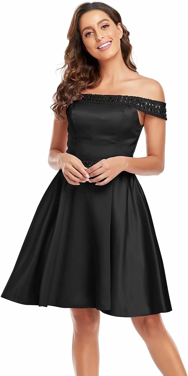 Off The Shoulder Satin Homecoming Dresses with Pockets Beaded Short Prom Dress 2021