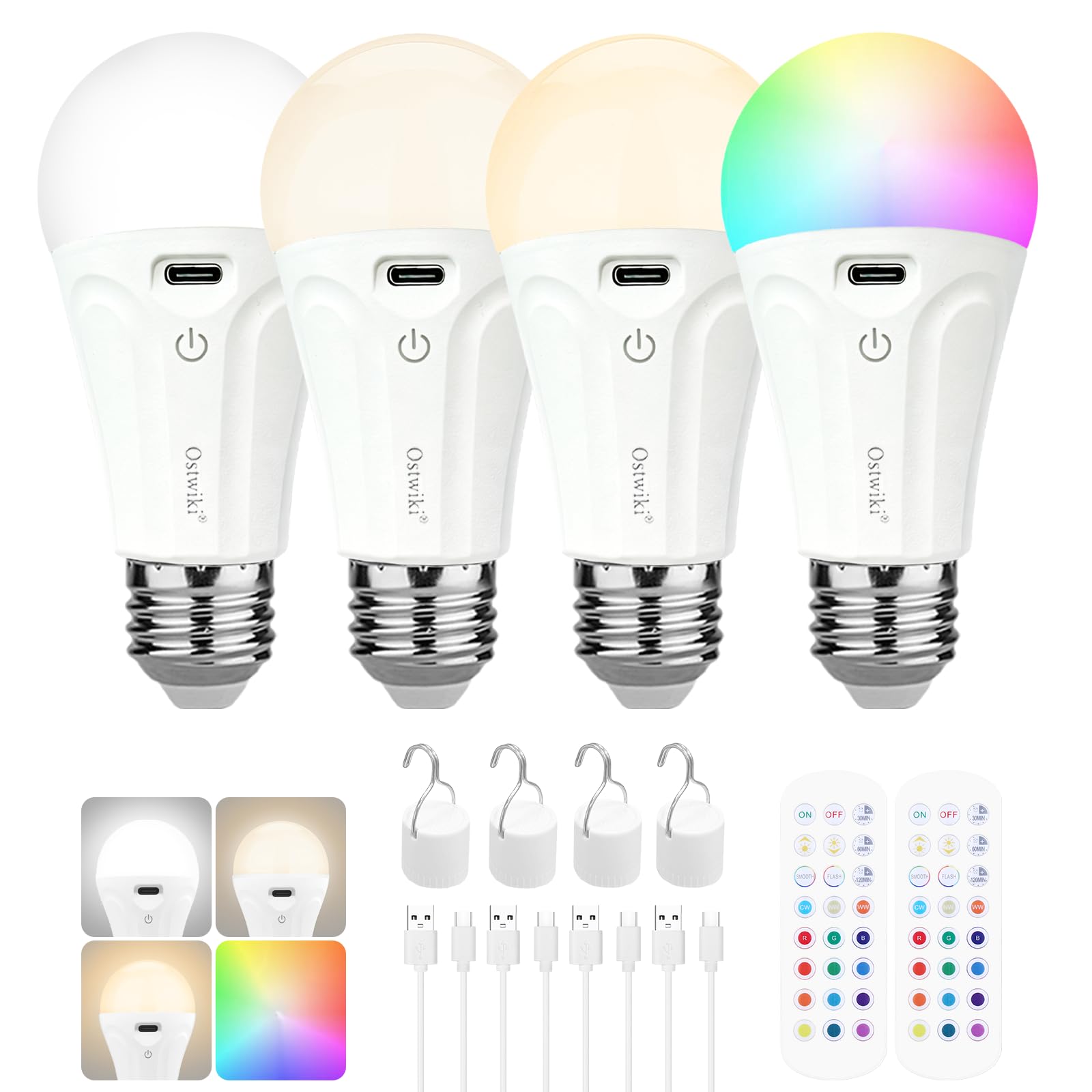 Lampadine ricaricabili con telecomando e ganci, A19, dimmerabili, senza fili, alimentate a batteria, con 15 colori, 3 timer, per applique, casa, senza fili, confezione da 4 lampadine di emergenza E26