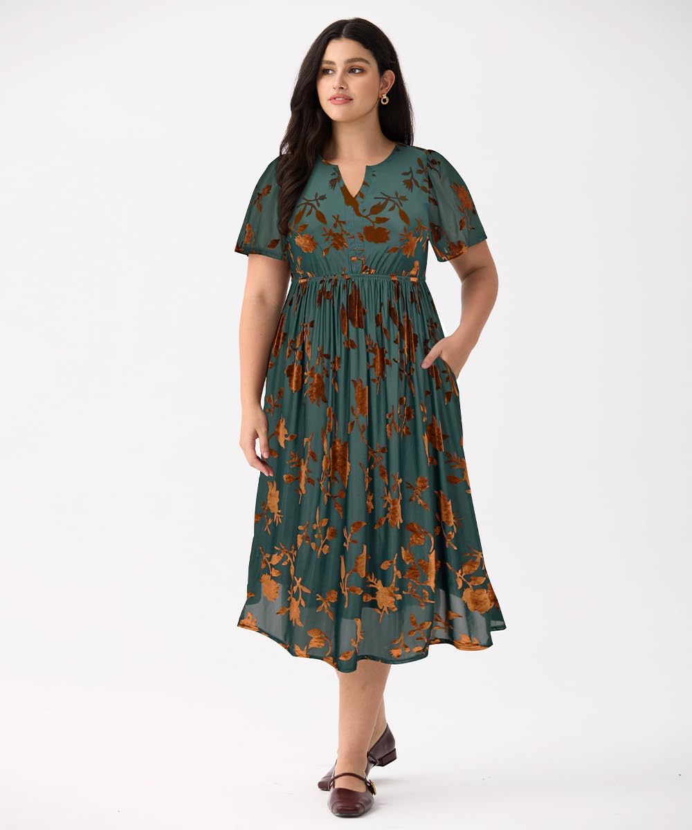 CARCOS Plus Size Velvet Dresses for Curvy Women Short Sleeve Cocktail Dresses Winter Party Formal Dress with Pocket XL-5XL - Image 2