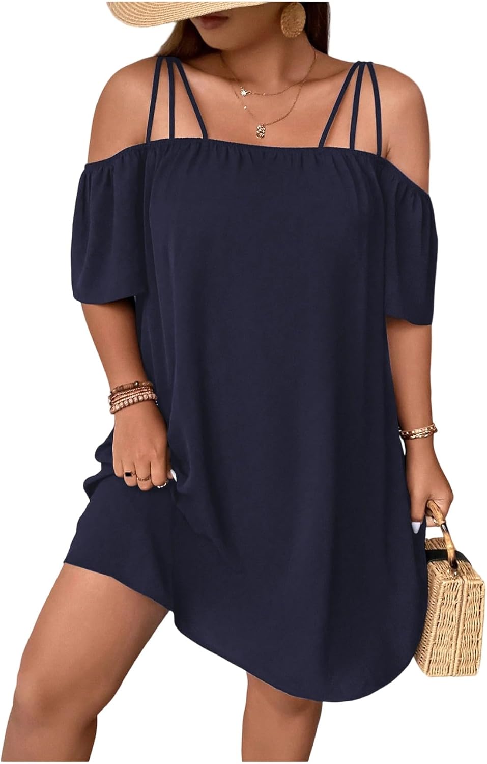 SOLY HUX Women's Plus Size Dresses Off Shoulder Short Sleeve Short Dresses Causal Loose Tunic Summer Dress