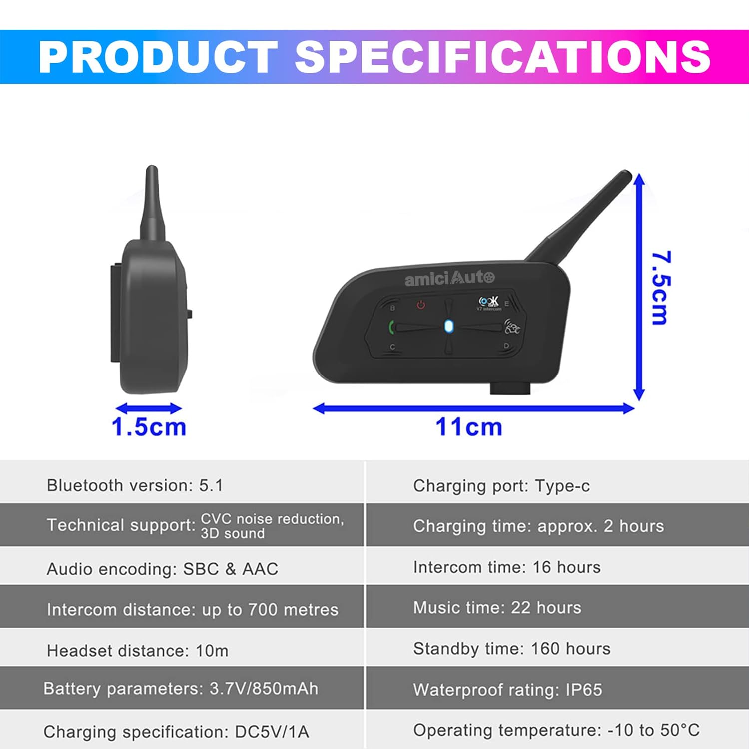EJEAS V7 Motorbike Bluetooth Intercom,Auriculares de intercomunicador de motociclo,Conexión de 7 Personas,Distancia de intercomunicación 1500M,Reducción de Ruido CVC