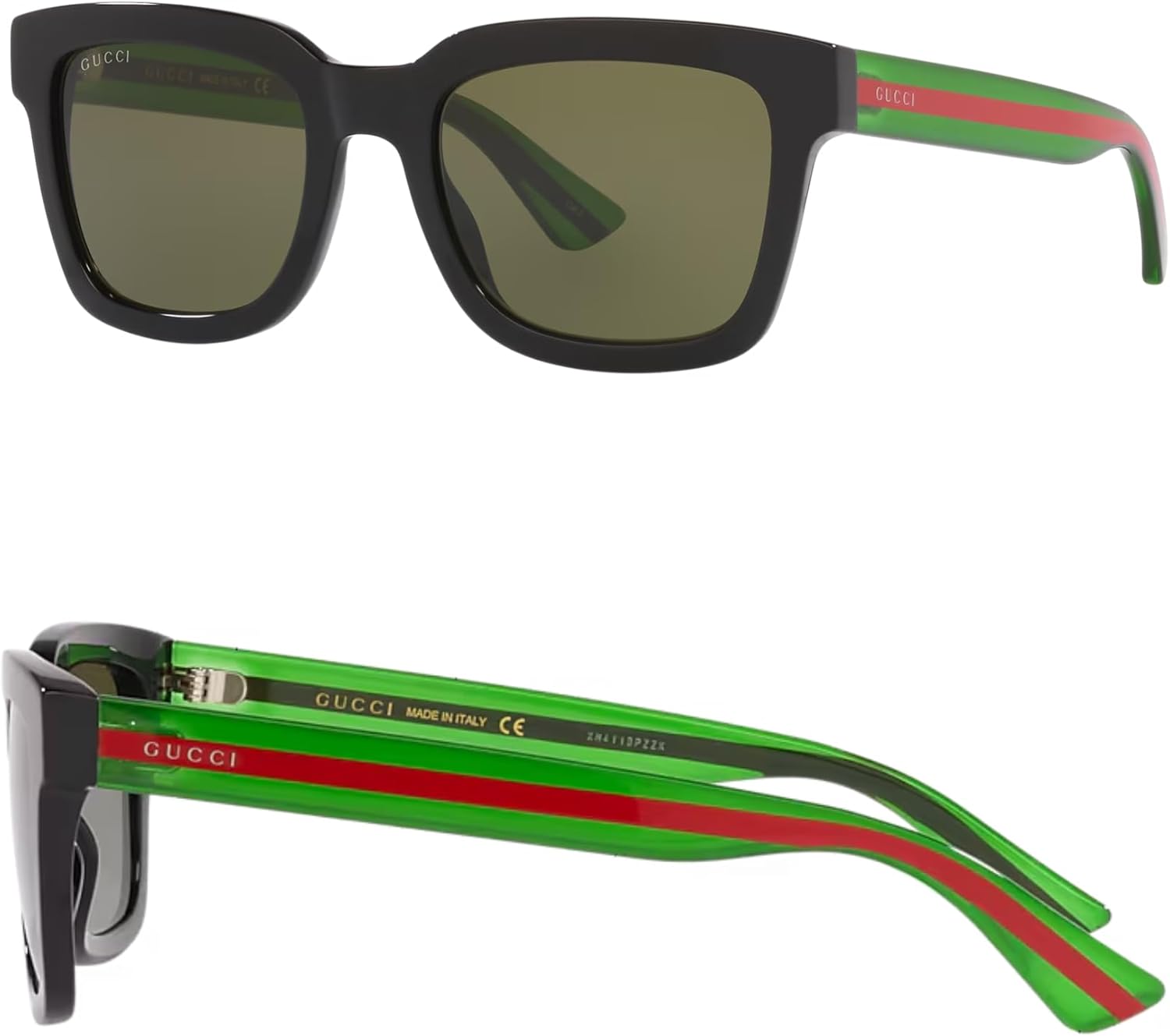 Gucci GG0001SN Web Stripe & Lettering Logo Square-Shaped Non-Polarized Sunglasses for Men – Includes Luxury Eyewear Kit – Black Frame with Green Lens