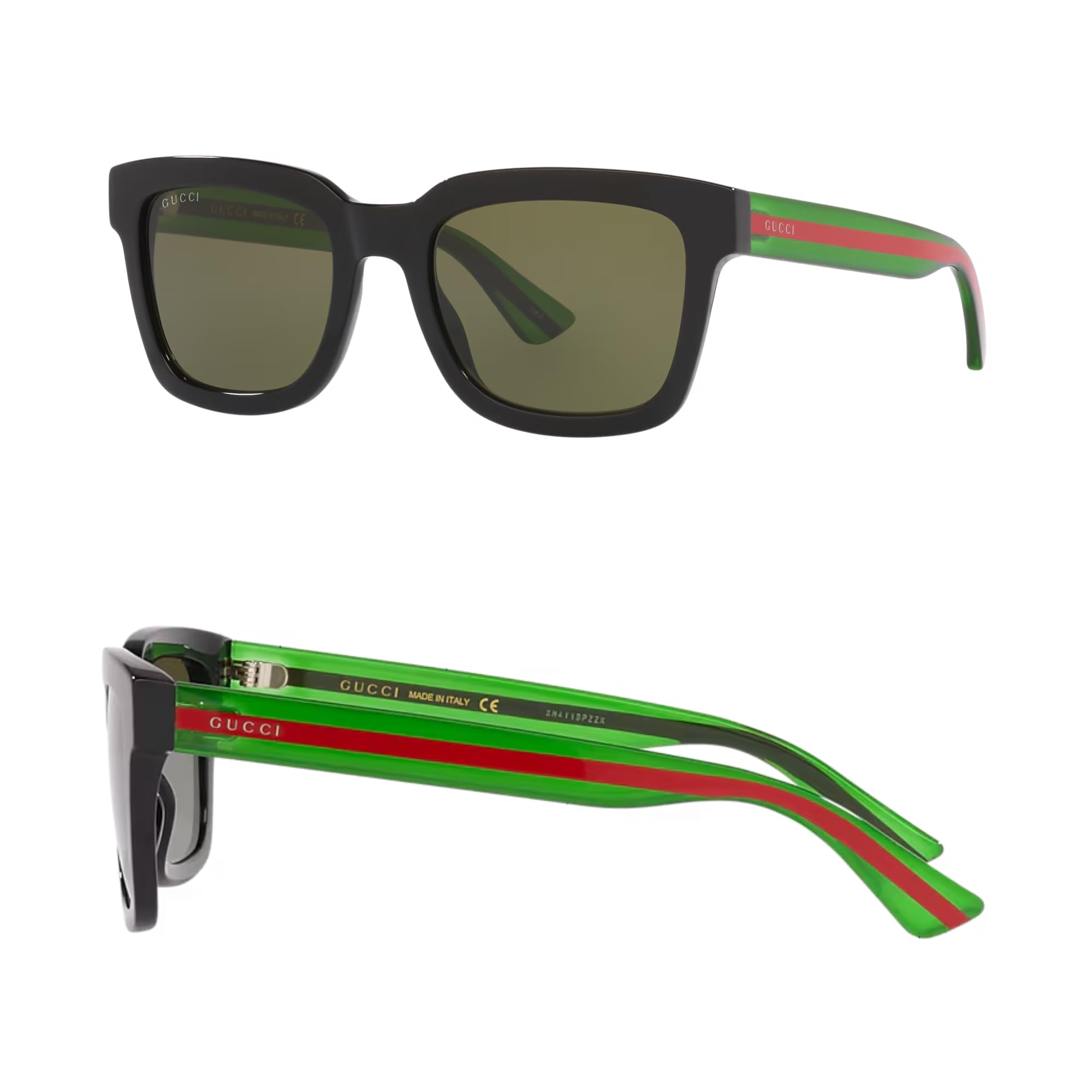 Gucci GG0001SN Web Stripe & Lettering Logo Square-Shaped Non-Polarized Sunglasses for Men – Includes Luxury Eyewear Kit – Black Frame with Green Lens