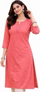 ZOLA Women’s Cotton Solid Straight Kurta | Embroidered Neck Design | 3/4 Sleeves | Lightweight Ethnic Kurti for Office & C... Price In India