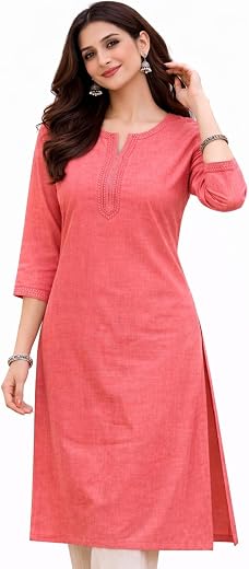 ZOLA Women’s Cotton Solid Straight Kurta | Embroidered Neck Design | 3/4 Sleeves | Lightweight Ethnic Kurti for Office & C...