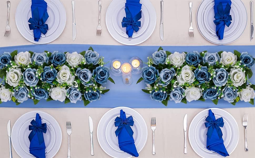 BLOSMON Artificial Flowers Wedding Centerpieces Decorations Fake Flowers 2 Pcs Royal Blue&White Silk Floral Arrangement Dinning Table Runner Centerpiece, Rose Flower for Room Reception Table Decor