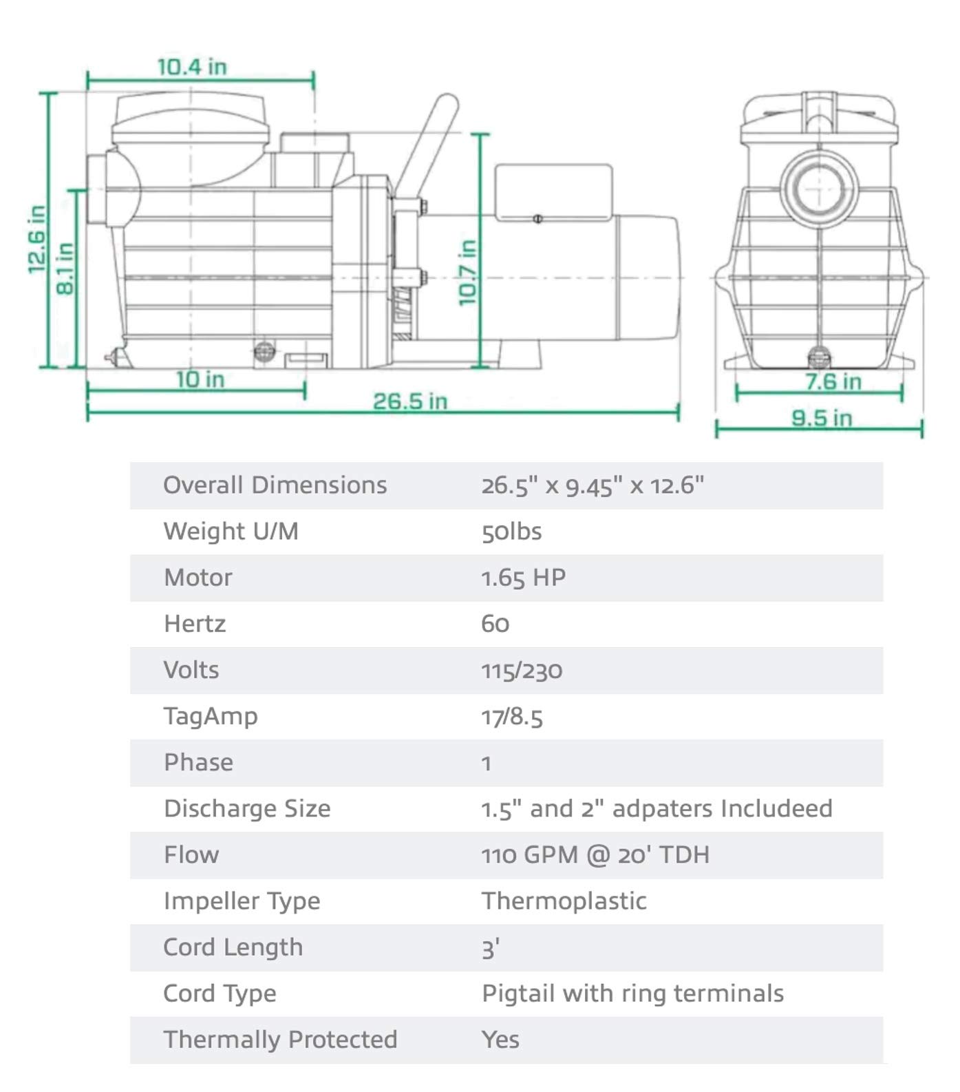 Star 025191 High Performance Pool Pump (11/2 HP Single Speed) Pump for