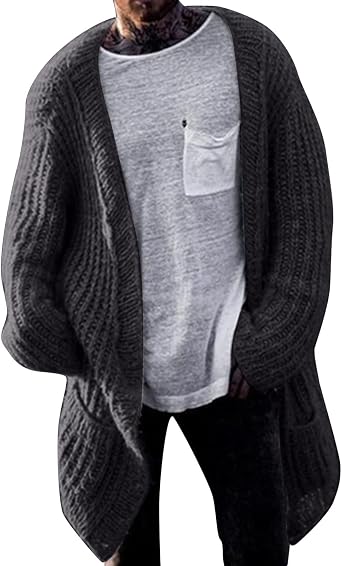 Mens Crochet Cardigan Thermal Sweater Fall Winter Loose Open Front Outfits Long Length Oversized Plain Coats