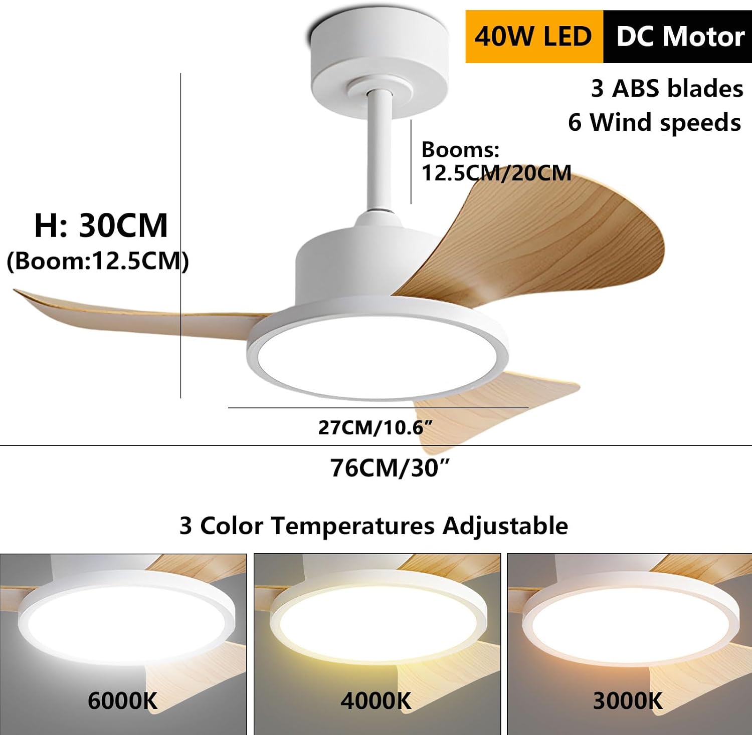 30 Inch Ceiling Fans with 40W LED Lights Remote and Wall Switch Ceiling Fan with Light 6 Speeds Quiet Ceiling Fan 3 ABS Blades for Bedroom Living Room Balcony Lounge