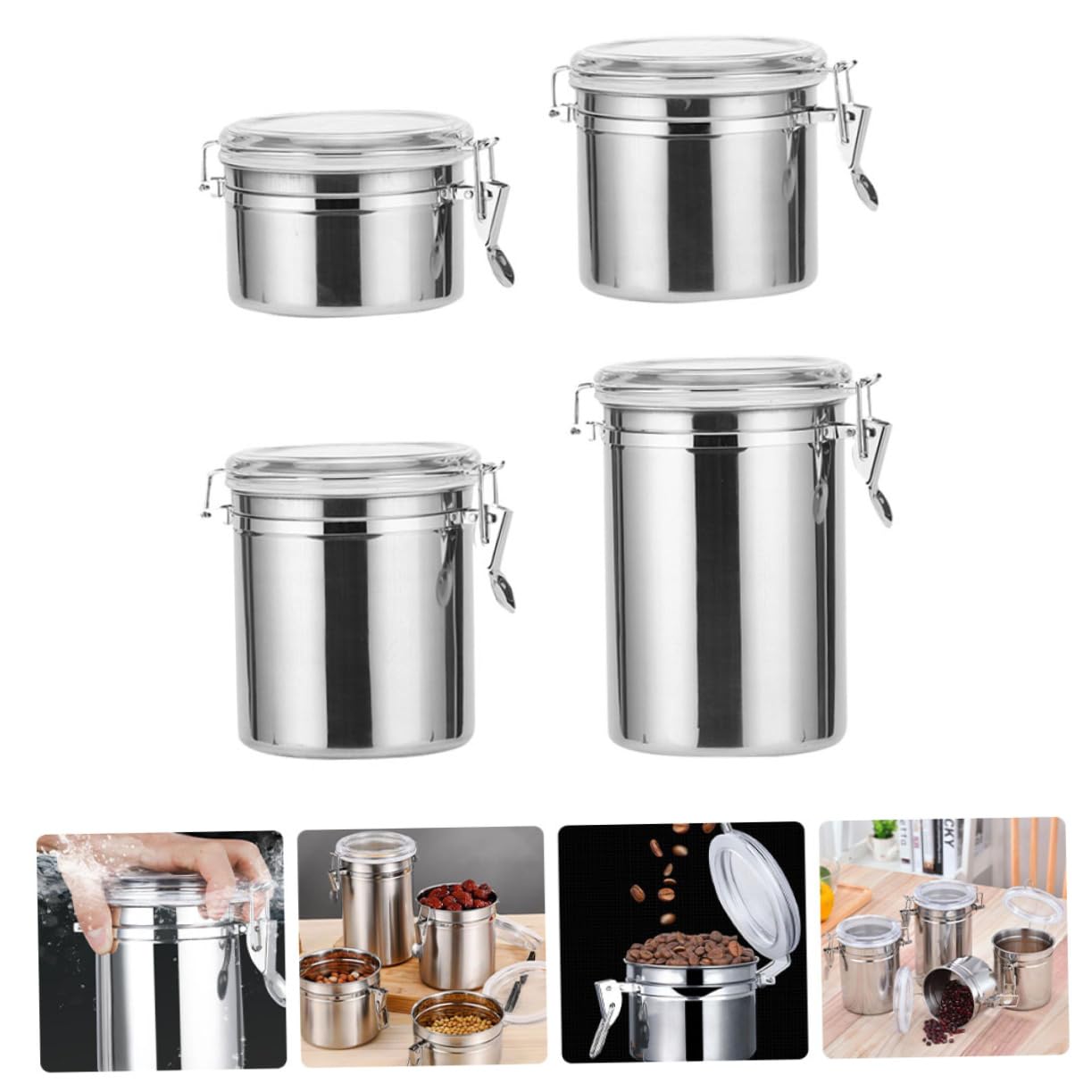 Zerodeko Recipiente Hermético de Acero Inoxidable para Almacenar Alimentos, 4 Piezas Cierre Seguro, Adecuado para Café y Té en Cocina