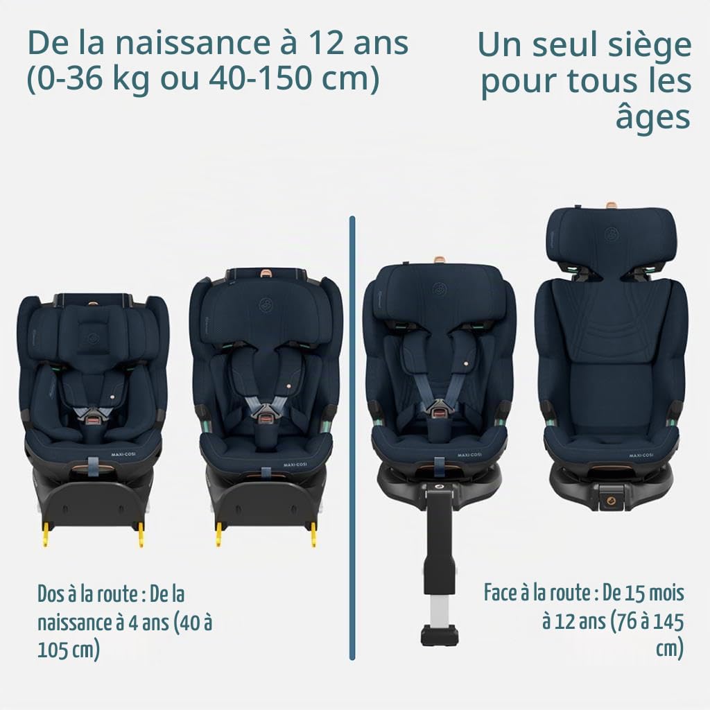 Maxi-Cosi Emerald 360 Pro i-Size, Siège-auto évolutif pivotant à 360° et coulissant, 0-12 ans (40-150 cm), Siège-auto bébé & enfant, Rotation FlexiSpin 360°, 5 Inclinaisons, Authentic Blue