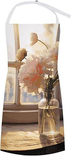 MUSM Window Flower ApronClassic Vintage Funny with Pockets Aprons,Adjustable Bib Waterdrop Resistant for Kitchen Cooking Restaurant BBQ Painting