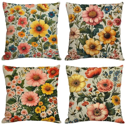 Outdoor-Kissen, 45 x 45 cm, Beige, Dekokissen, Leinen, dekorative Kissen mit unsichtbarem Reißverschluss, quadratischer Kissenbezug für Gartenmöbel, Parkbank, Raumdekoration, 4 Stück, Blume M22